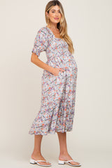 Ivory Floral Puff Sleeve Maternity Midi Dress