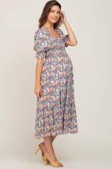 Blue Floral Puff Sleeve Maternity Midi Dress