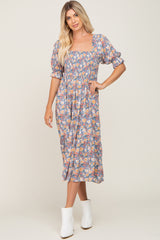 Blue Floral Puff Sleeve Maternity Midi Dress