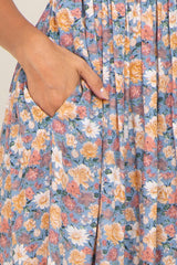 Blue Floral Puff Sleeve Midi Dress