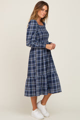 Navy Plaid Puff Sleeve Midi Dress