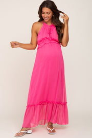 Pink Chiffon Ruffle Accent Halter Maternity Maxi Dress