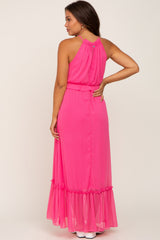 Pink Chiffon Ruffle Accent Halter Maternity Maxi Dress