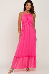 Pink Chiffon Ruffle Accent Halter Maternity Maxi Dress