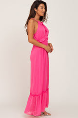 Pink Chiffon Ruffle Accent Halter Maxi Dress