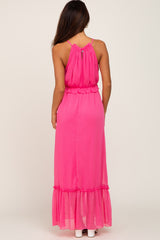 Pink Chiffon Ruffle Accent Halter Maxi Dress