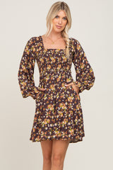 Mocha Floral Smocked Tie Back Dress