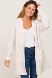 Beige Raw Seam Hooded Cardigan