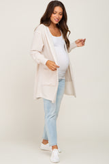 Beige Raw Seam Hooded Maternity Cardigan