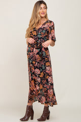 Black Floral Chiffon Wrap Maternity Maxi Dress