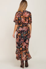 Black Floral Chiffon Wrap Maternity Maxi Dress