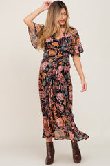 Black Floral Chiffon Wrap Maternity Maxi Dress