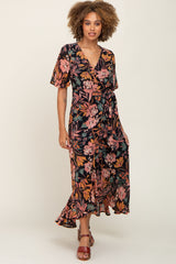 Black Floral Chiffon Wrap Maternity Maxi Dress