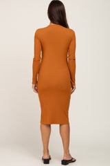 Camel Ribbed Long Sleeve Maternity Midi Dress