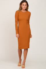 Camel Ribbed Long Sleeve Maternity Midi Dress