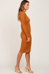 Camel Ribbed Long Sleeve Midi Dress