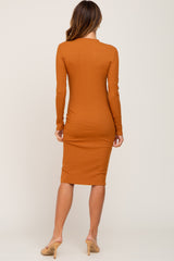 Camel Ribbed Long Sleeve Midi Dress