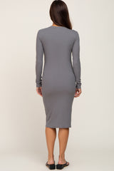 Grey Ribbed Long Sleeve Maternity Midi Dress