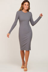 Grey Ribbed Long Sleeve Maternity Midi Dress