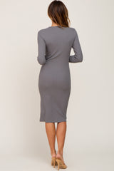 Grey Ribbed Long Sleeve Midi Dress