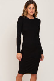 Black Ribbed Long Sleeve Midi Dress