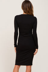 Black Ribbed Long Sleeve Midi Dress