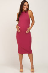 Magenta Ribbed Mock Neck Maternity Dress