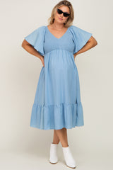 Blue Smocked Ruffle Hem Plus Maternity Midi Dress