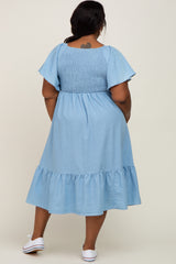 Blue Smocked Ruffle Hem Plus Midi Dress