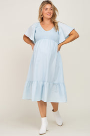 Light Blue Smocked Ruffle Hem Plus Maternity Midi Dress