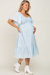 Light Blue Smocked Ruffle Hem Plus Maternity Midi Dress