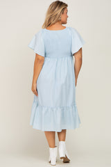 Light Blue Smocked Ruffle Hem Plus Maternity Midi Dress