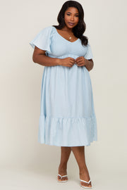 Light Blue Smocked Ruffle Hem Plus Midi Dress