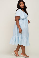 Light Blue Smocked Ruffle Hem Plus Midi Dress