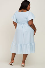 Light Blue Smocked Ruffle Hem Plus Midi Dress