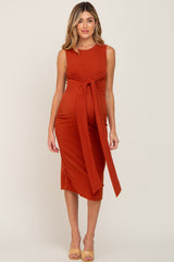 Rust Ribbed Front Twist Maternity Midi Dress