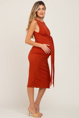 Rust Ribbed Front Twist Maternity Midi Dress