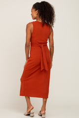 Rust Ribbed Front Twist Midi Dress