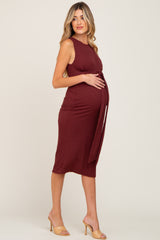 Burgundy Ribbed Front Twist Maternity Midi Dress