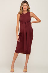 Burgundy Ribbed Front Twist Maternity Midi Dress