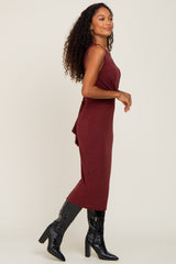 Burgundy Ribbed Front Twist Midi Dress