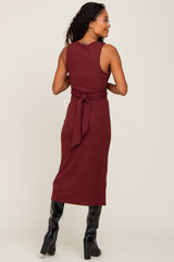 Burgundy Ribbed Front Twist Midi Dress