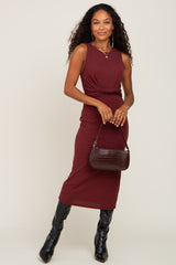 Burgundy Ribbed Front Twist Midi Dress