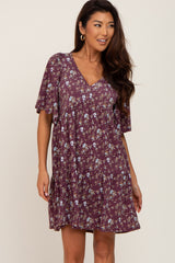 Plum Floral V-Neck Maternity Dress