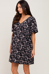 Black Floral V-Neck Maternity Dress