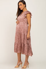 Mocha Floral Satin Tiered Maternity Midi Dress