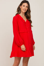 Red Button Down Ruffle Accent Maternity Dress