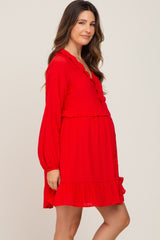 Red Button Down Ruffle Accent Maternity Dress