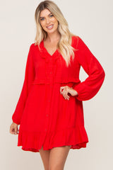 Red Button Down Ruffle Accent Maternity Dress