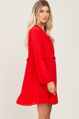 Red Button Down Ruffle Accent Dress